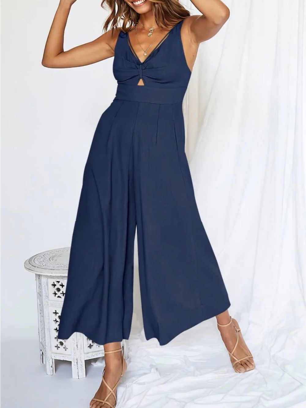 Sz M - ANRABESS Wide Leg V-Neck Jumpsuit with Adjustable Straps - Dark Gray